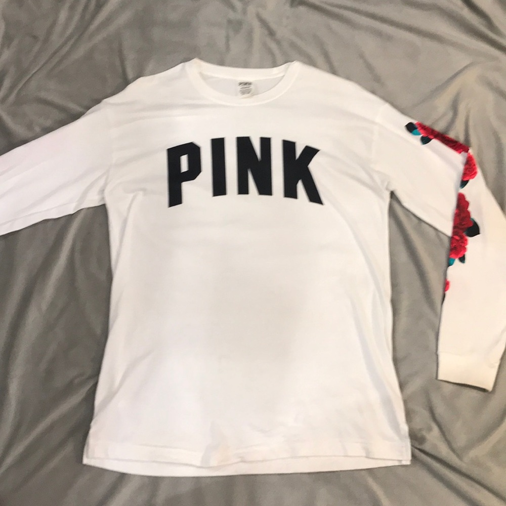Long sleeve pink shirt, red roses down sleeve